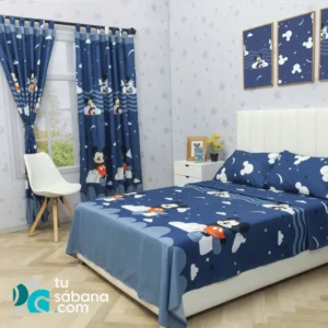 Combo de Sábana con Cortina Infantil Mickey Fondo Azul