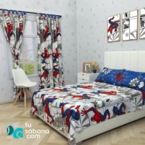 Combo de Sábana con Cortina Infantil Spiderman Azul